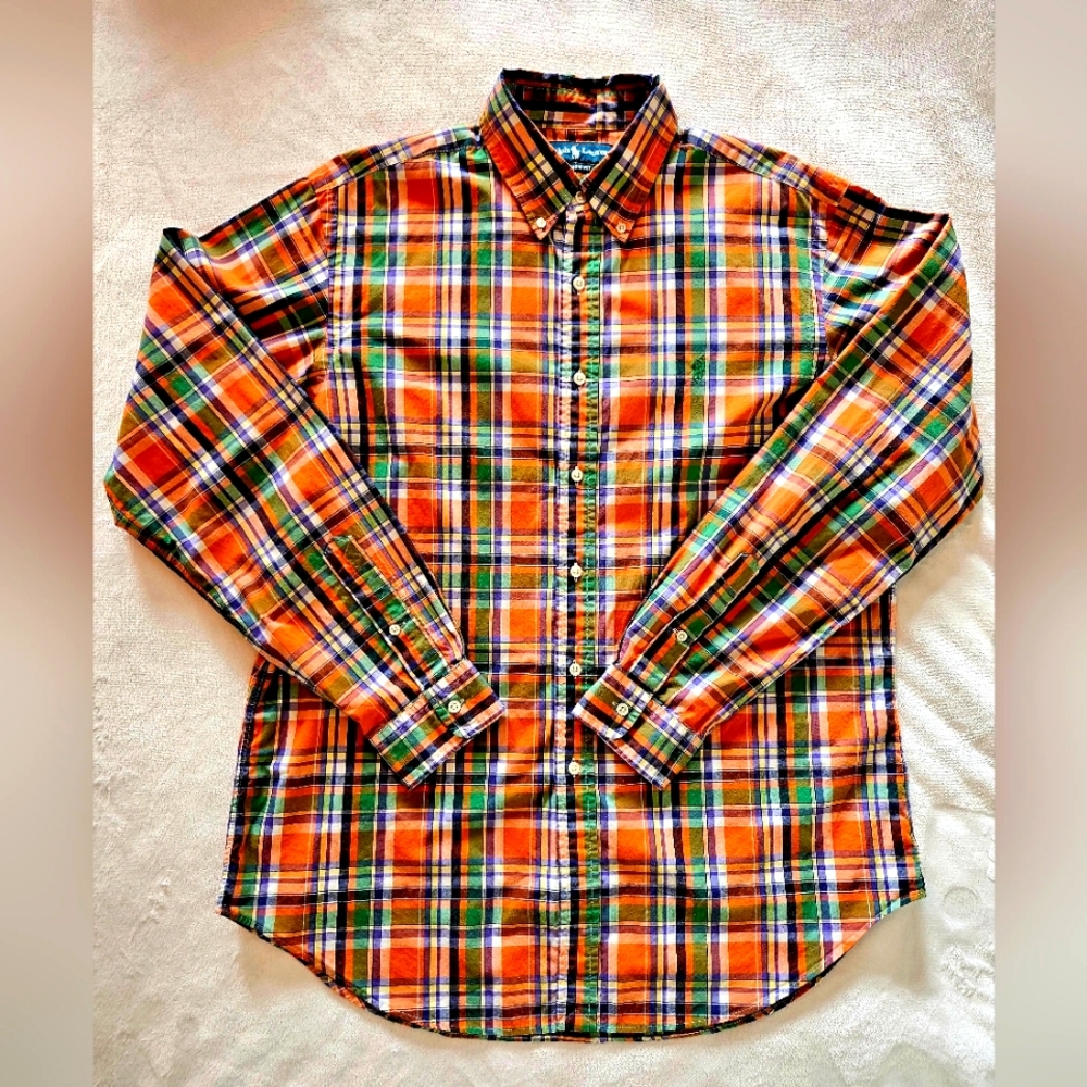 Ralph Lauren Men's Classic Fit Orange Green Plaid Shirt Size XL Green Pony Logo